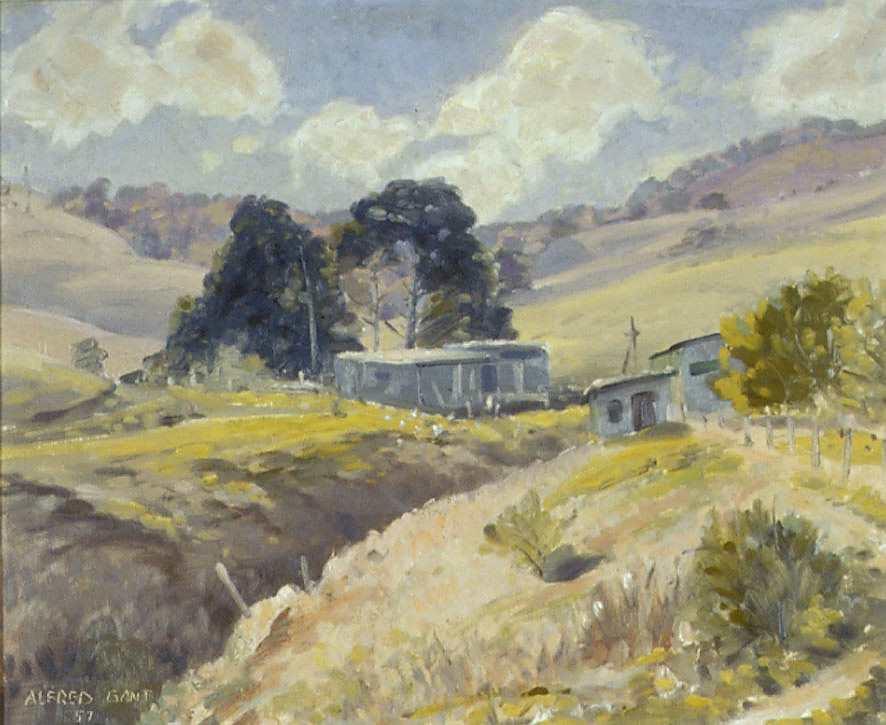 Rolling green hills with green trees in the background. Grey shack on the hill in the centre of the painting. 