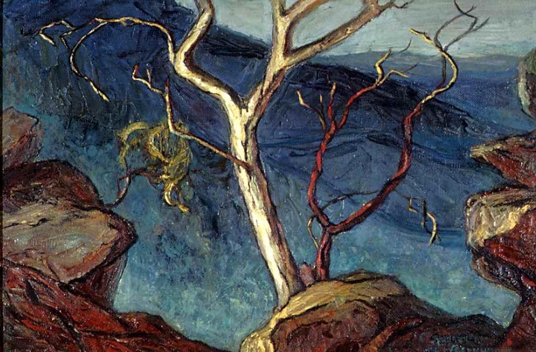 Blue background with reddish brown rocks and white and brown tree with no leaves in the foreground