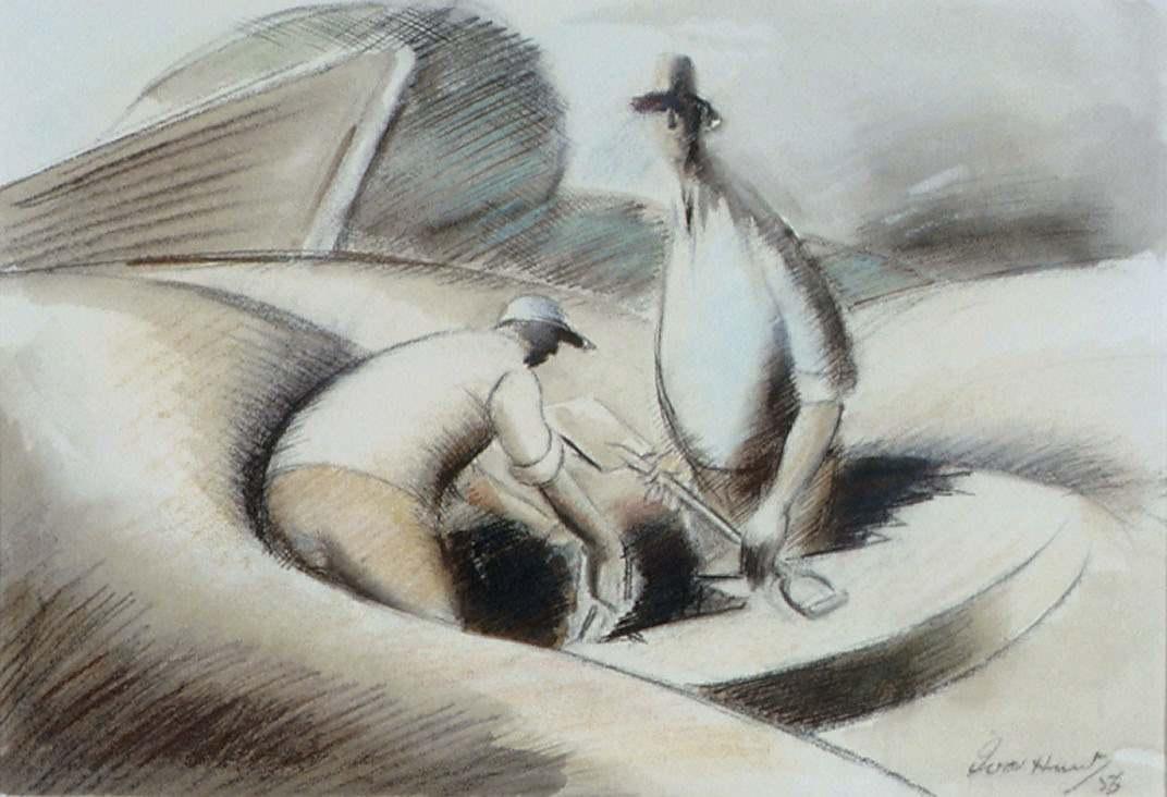 Two figures with a rounded shape holding shovels and digging. The figures and the background are white/cream, light brown and black 