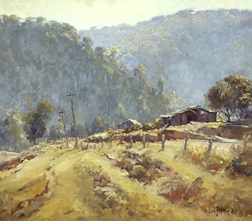 Painting of Burragorang Valley in New South Wales, green hills covered in green trees. Wooden fence with wooden electricity poles along the hill in the foreground. Brown shack in the right foreground. 