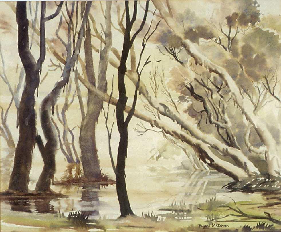 Painting of swamp primarily in green. Brown and white trees overlapping in the foreground