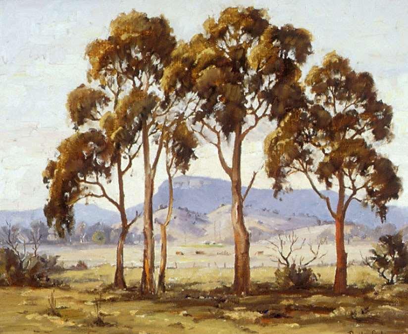 Green grass with hills in the background. Five gumtrees painted green and brown are in the centre foreground. 