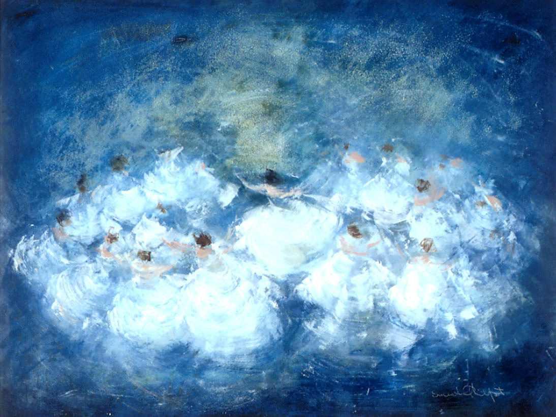 Indistinct ballet dancers in white dancing in the centre of the painting. They are blurred and blend with the dark blue background