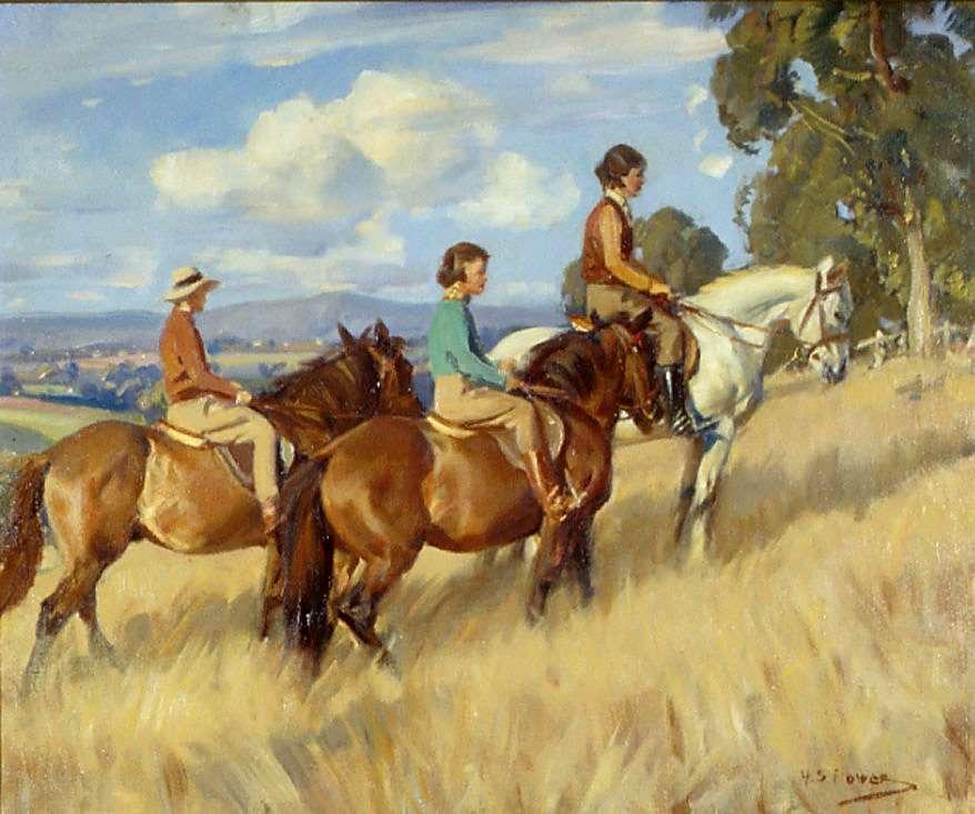 Three riders on horses in the centre foreground. The two horse on the left and centre are brown, and the horse on the right is white. Yellow grass covers the lower foreground and green hills are in the background. Green gumtrees in the upper right foreground. 