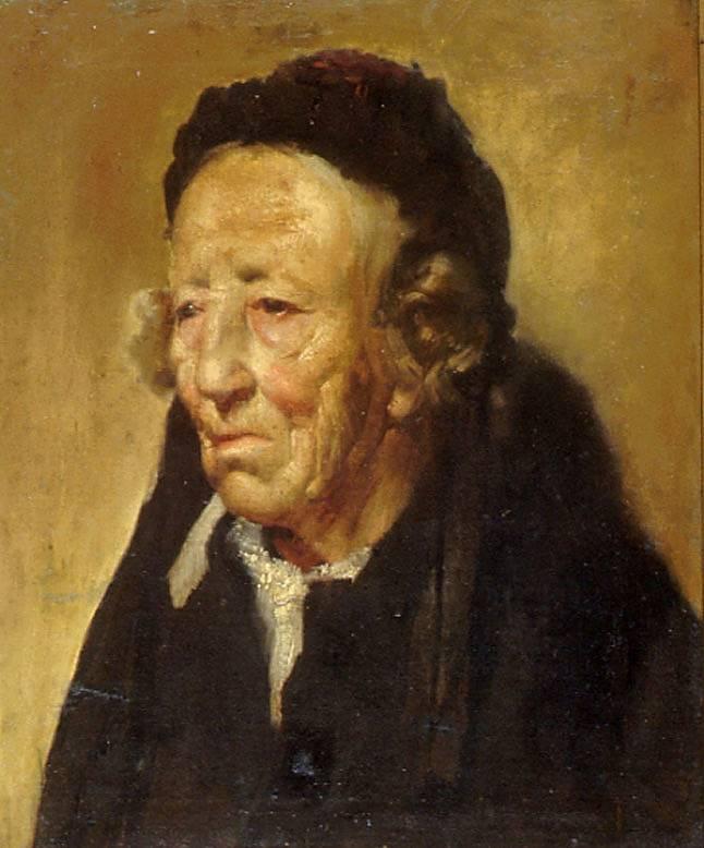 Portrait of an old lady in profile wearing black coat and a dark red or brown hat