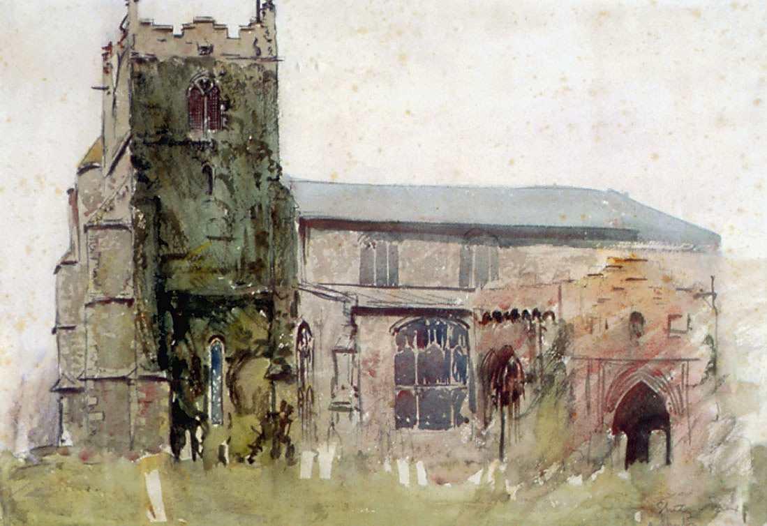 Watercolour painting of a church, primarily with brown and green colours. White and green (grass) background 