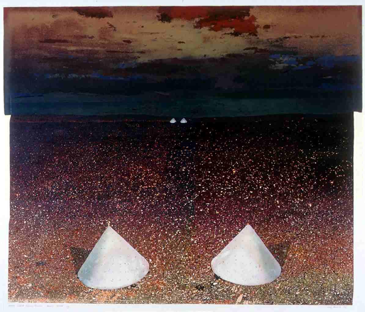 Two white cone shapes in the foreground. Red and dark blue background