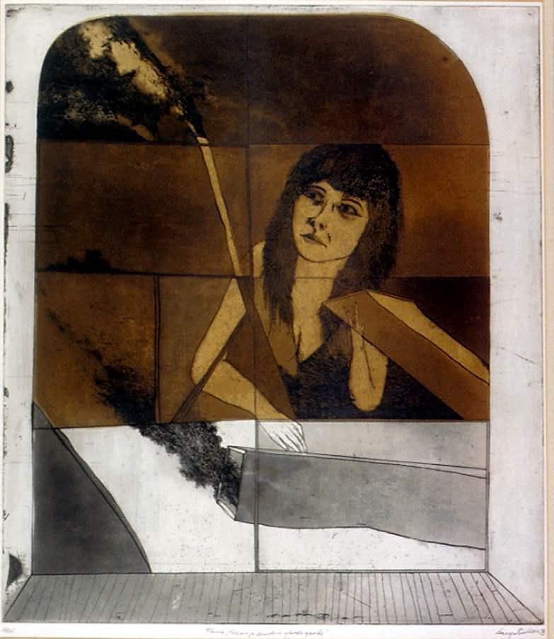 Portrait of front facing woman reflected in a brown window. The lower third of the painting is grey and has a square piep spewing black smoke