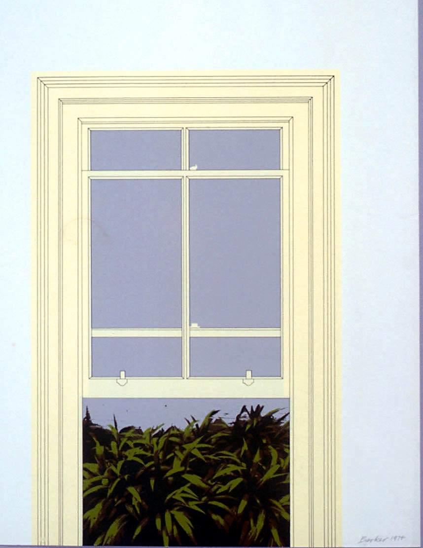 Cream window pane on pale blue wall. The window is open halfway and green bush can be seen through the window. 