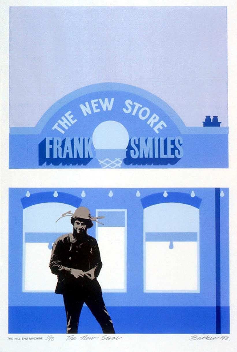 Male figure with deep shadows standing in front of 2D store front painted blue with sign 'The New Store Frank Smiles' 