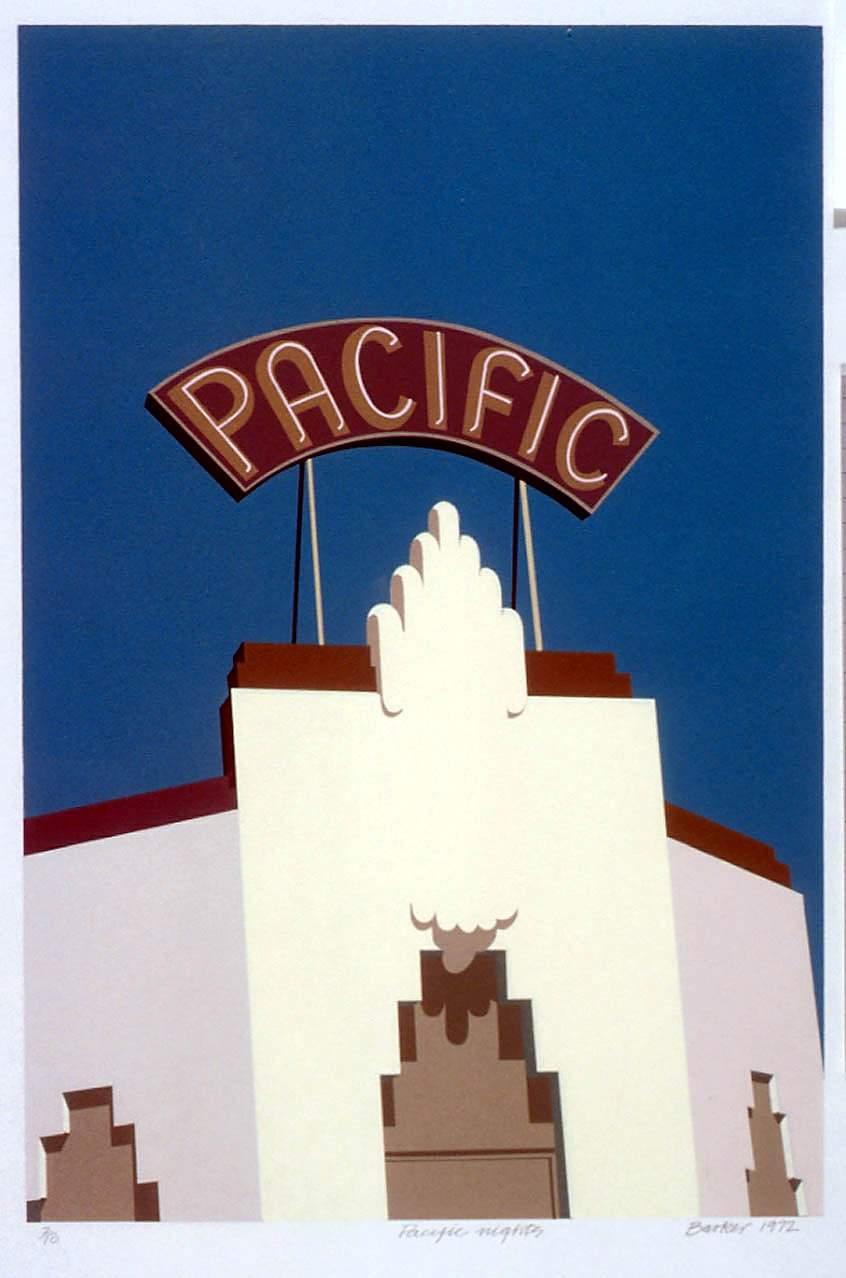 Building in cream, pink and red with a red sign on the roof of the building with the text 'Pacific' in orange and cream. Blue background. 