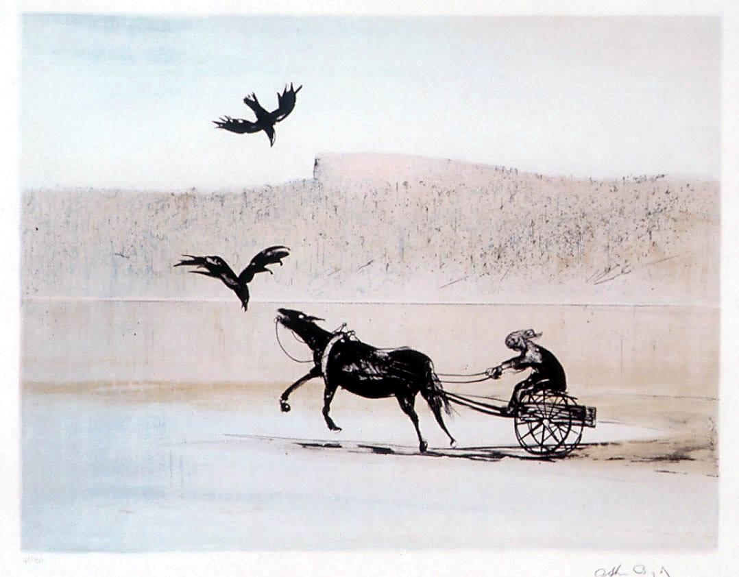 Black silhouette of a horse and rider on a sulky (two wheeled cart) being pulled by the horse. Two large black birds flying in front of the horse. Pale brown and grey background