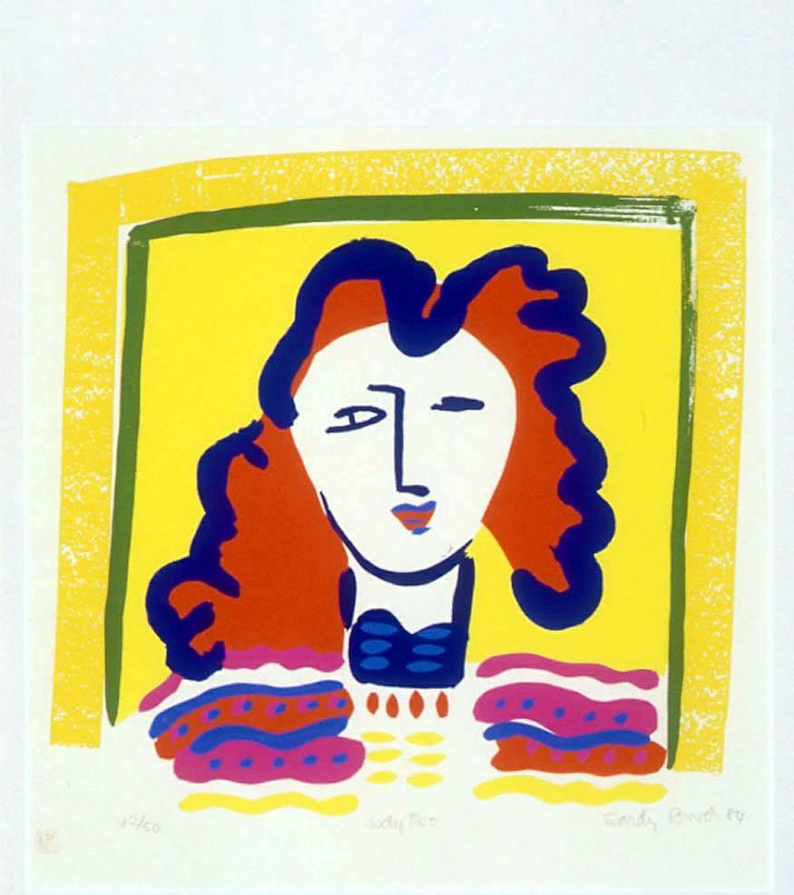 Portrait of a front facing woman with red hair. Bright yellow background 