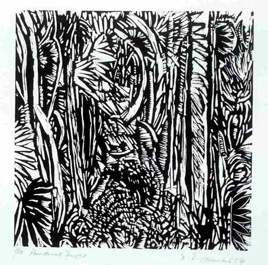 Black and white linocut of jungle foliage