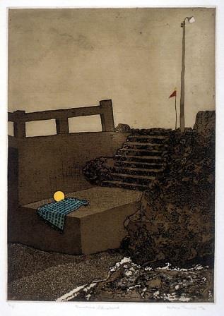 Etching showing street staircase with blue blanket and yellow ball on the edge