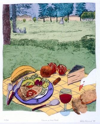 Figurative collagraph print depicting a picnic with various foods on a yellow picnic blanket with the green grass and trees in the background