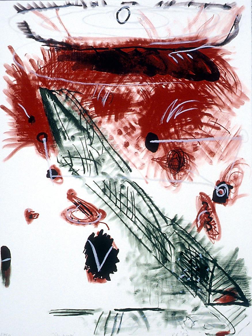 Abstract colour lithograph printing with red, green, and black juxtaposed on a white background