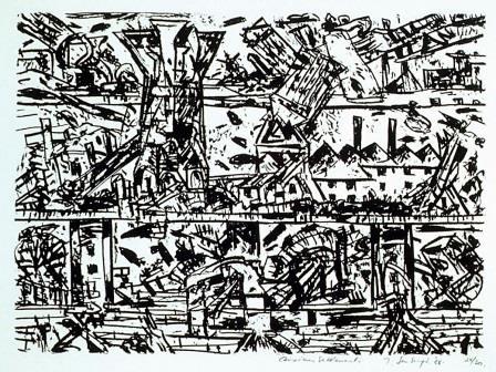 Depiction of complex and tangled city in black ink and strong, jagged line work