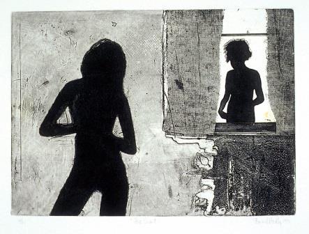 Etching depicting silhouette of woman figure in the foreground and another silhouette of a woman figure looking through a window 