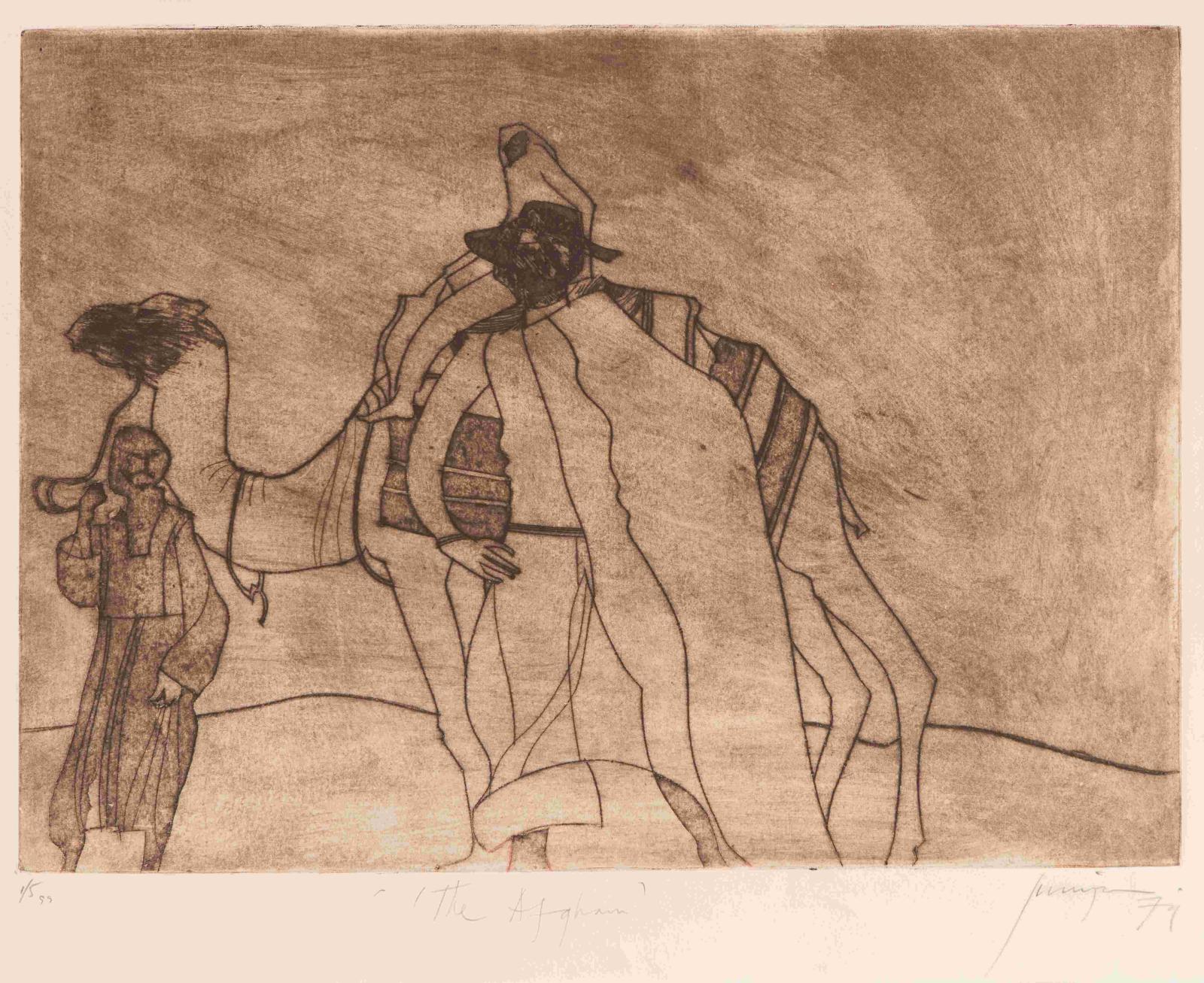 Collagraph print depicting two male figures and a camel