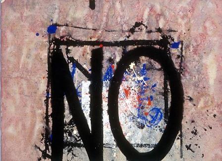 Pale pink background with splashes of blue, white and red paint. Large bold text 'NO' painted in black in the centre of the painting