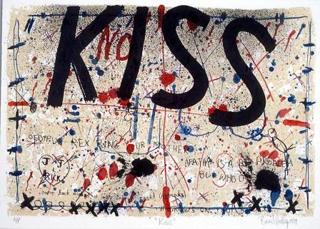 Multicoloured lithograph with 'Kiss' in big, bold black letters. Beige background with various words and scribbles, similar to graffiti 