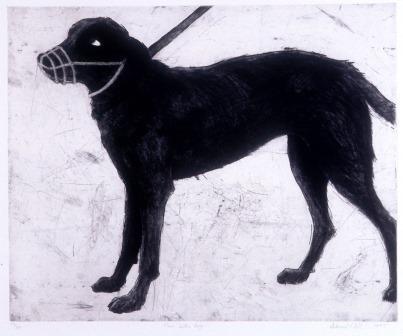 Etching depicting a black dog with muzzle on off-white background