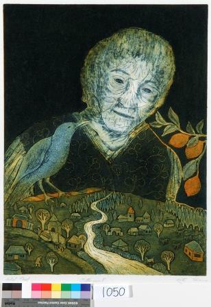 Portrait of an elder figure in green and black overlooking a green hill with small houses and trees in brown. There is a bird in blue to the left of the figure and orange fruit and green leaves to the right. Black background.