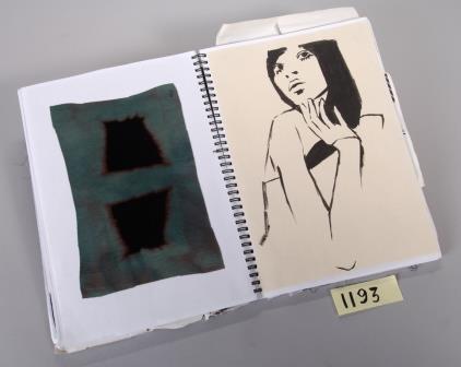 Image of open paged spiral bound artist's book. Right page shows sketched portrait of a woman and the left page shows square of green paint/ink with two smaller black squares inside