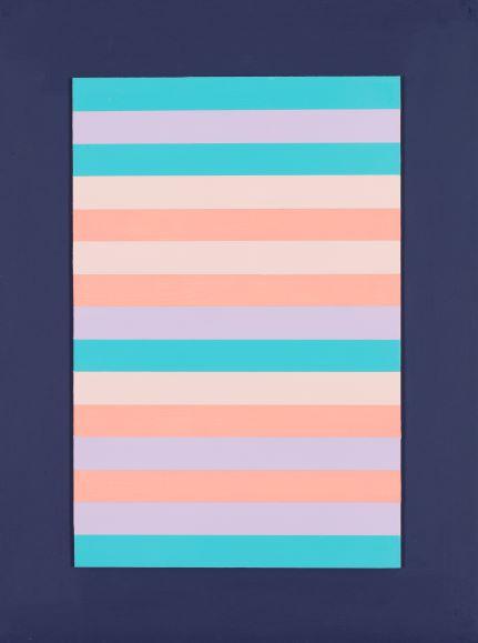 Abstract painting showing horizontal lines in turquoise, pink, peach, and pale orange on a navy background