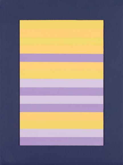 Abstract painting showing block of horizontal lines in yellows and purples on a navy background