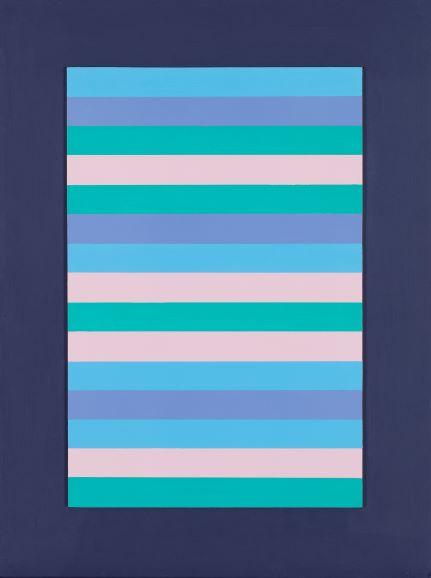 Abstract painting showing block of horizontal lines in blue, purple, pink and blue on a navy background