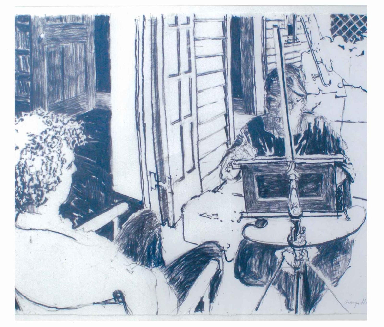 Charcoal drawing depicting a male figure painting sitting behind an easel painting a female figure sitting 