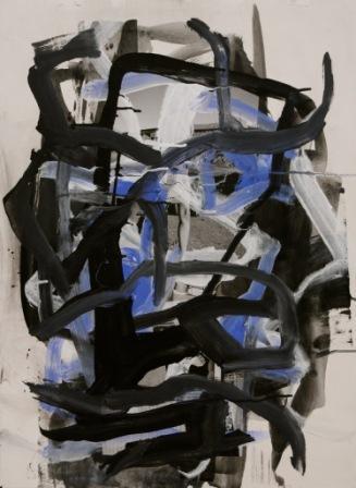 Abstract painting depicting tangled thick black, blue and grey lines on a beige background