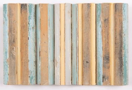 Abstract artwork depicting vertical lines painted in orange, turquoise, yellow and grey