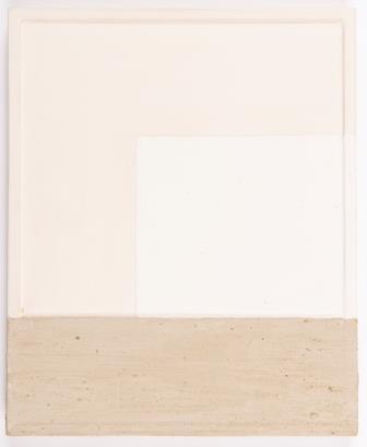 Abstract painting depicting pale pink, white and light brown rectangles overlapping