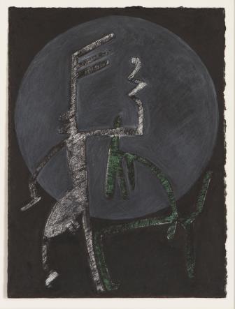 Figurative drawing depicting two abstract, stick-like figures in front of a large dark grey circle