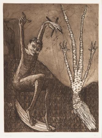 Aquatint etching depicting figure smiling with hands in the air like a puppet 