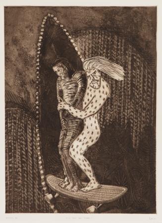 Etching with sepia ink depicting two figures holding onto each other on a skateboard