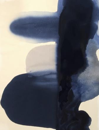 Abstract painting with cream background and large dark blue blotches on the right of the painting