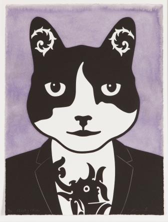 Hand coloured linocut depicting an anthropomorphic black and white cat wearing a suit on a purple background