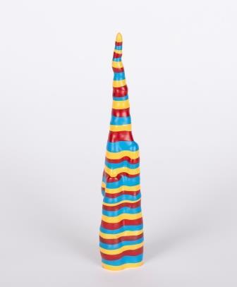 Oblong cone shape coloured with red, blue and yellow stripes