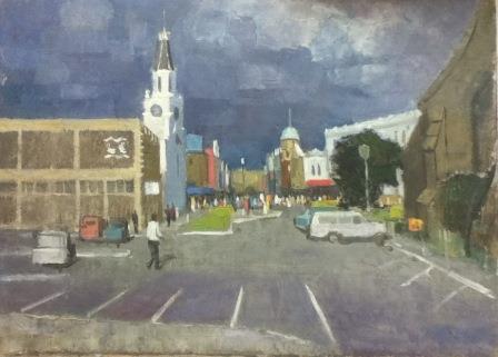 Multicoloured painting showing Fremantle Town Hall from High Street. View of town hall, car park bays, and other buildings