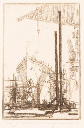 Etching of ship, Sydney dockyard