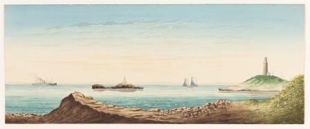 Watercolour painting depicting view of Bathurst Point Lighthouse on Rottnest Island