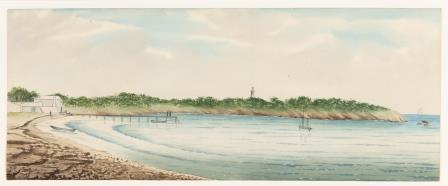 Landscape watercolour painting depicting view of Bathurst Point from Rottnest Island beach