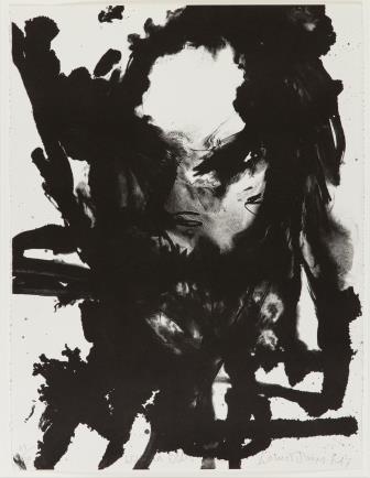 Black and white aquatint depicting an abstract face covered with large black splotches and streaks