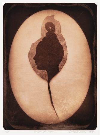 Digital print depicting silhouette of a female figure in profile inside a pale pink oval 