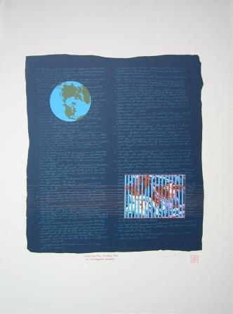 Abstract artwork depicting the earth in the upper left corner and what could be an abstract depiction of the world map in the lower left corner. Image has a dark blue background with lighter blue text