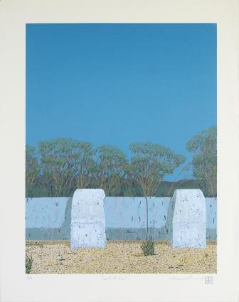 Landscape print depicting a section of the Perth to Kalgoorlie pipeline with green trees in the background and vibrant blue sky